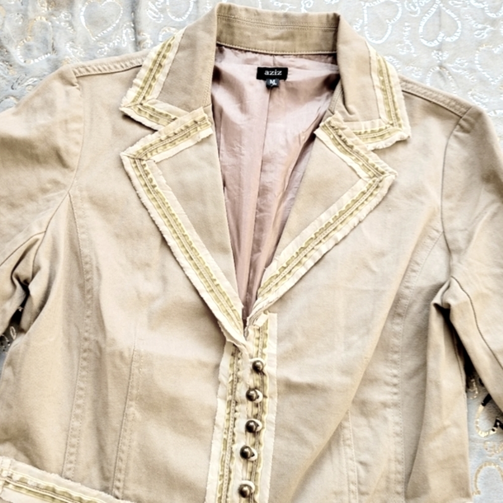 Tan Blazer Ribbon Embroidered Button Aziz M